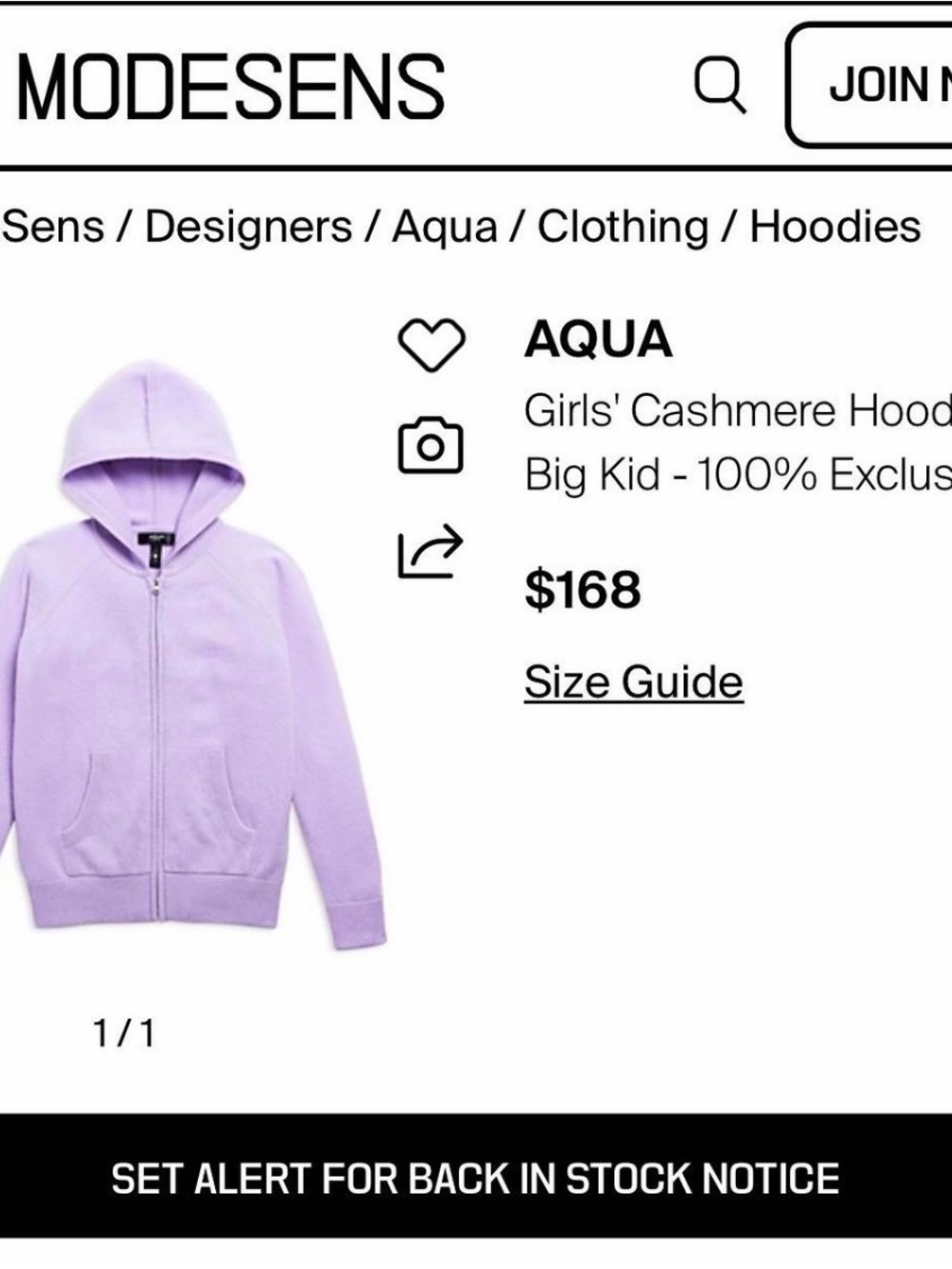 Aqua Girls' Cashmere Zip Hoodie - Lavender